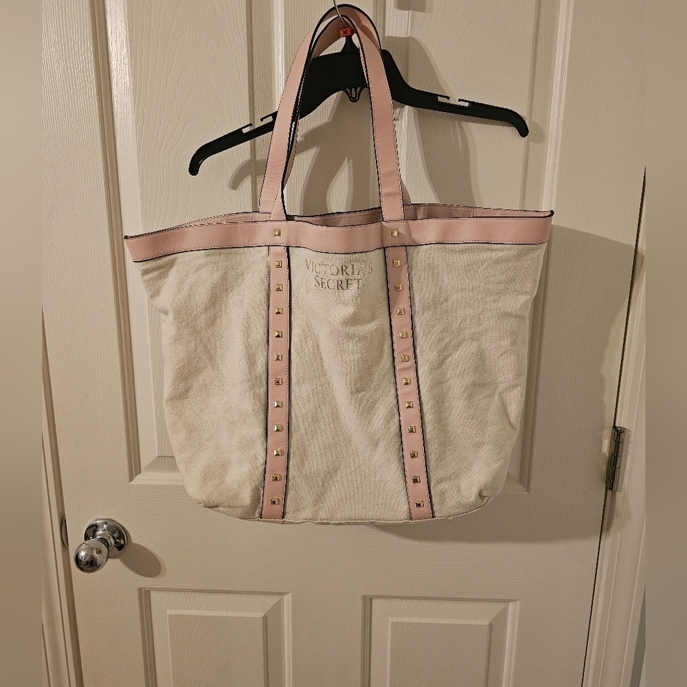 Victorias Secret Pink Studded Cream Canvas Extra Large Tote Gym Travel Book Bag